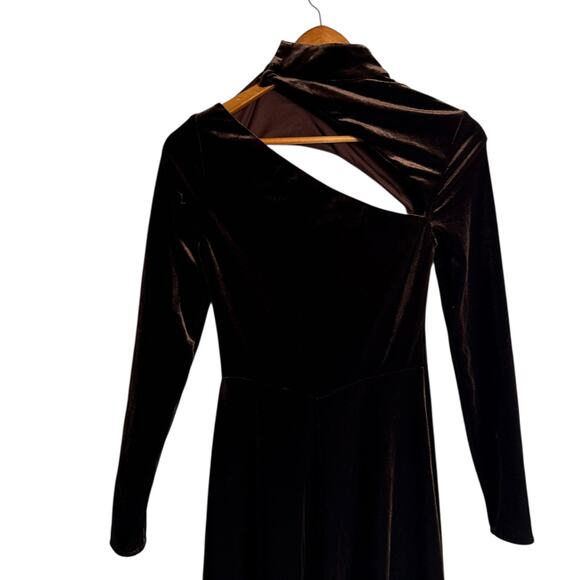 Rene Ruiz Brown Velvet Long Sleeve Cut Out Midi Cocktail Dress Size 0 - Picture 10 of 15
